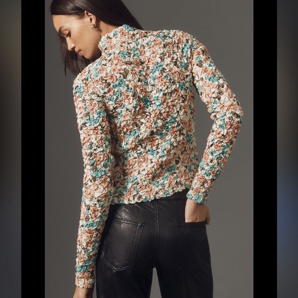 BNWT DOLAN by Anthropologie printed pebble-smocked turtleneck top in Sky - Picture 2 of 5